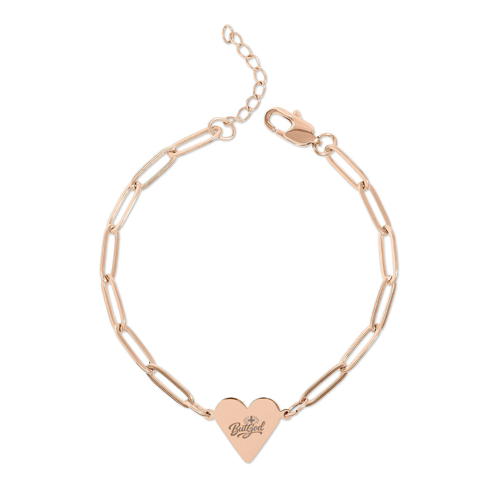 Engraved Paperclip Heart Bracelet — But God Heart Charm Chain (Rose Gold)
