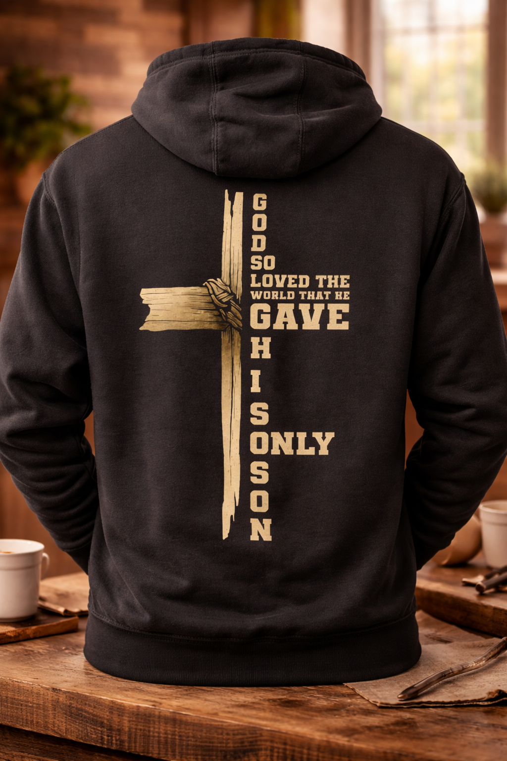 Christian Cross Hoodie — "For God So Loved" Inspirational Fleece Hoodie