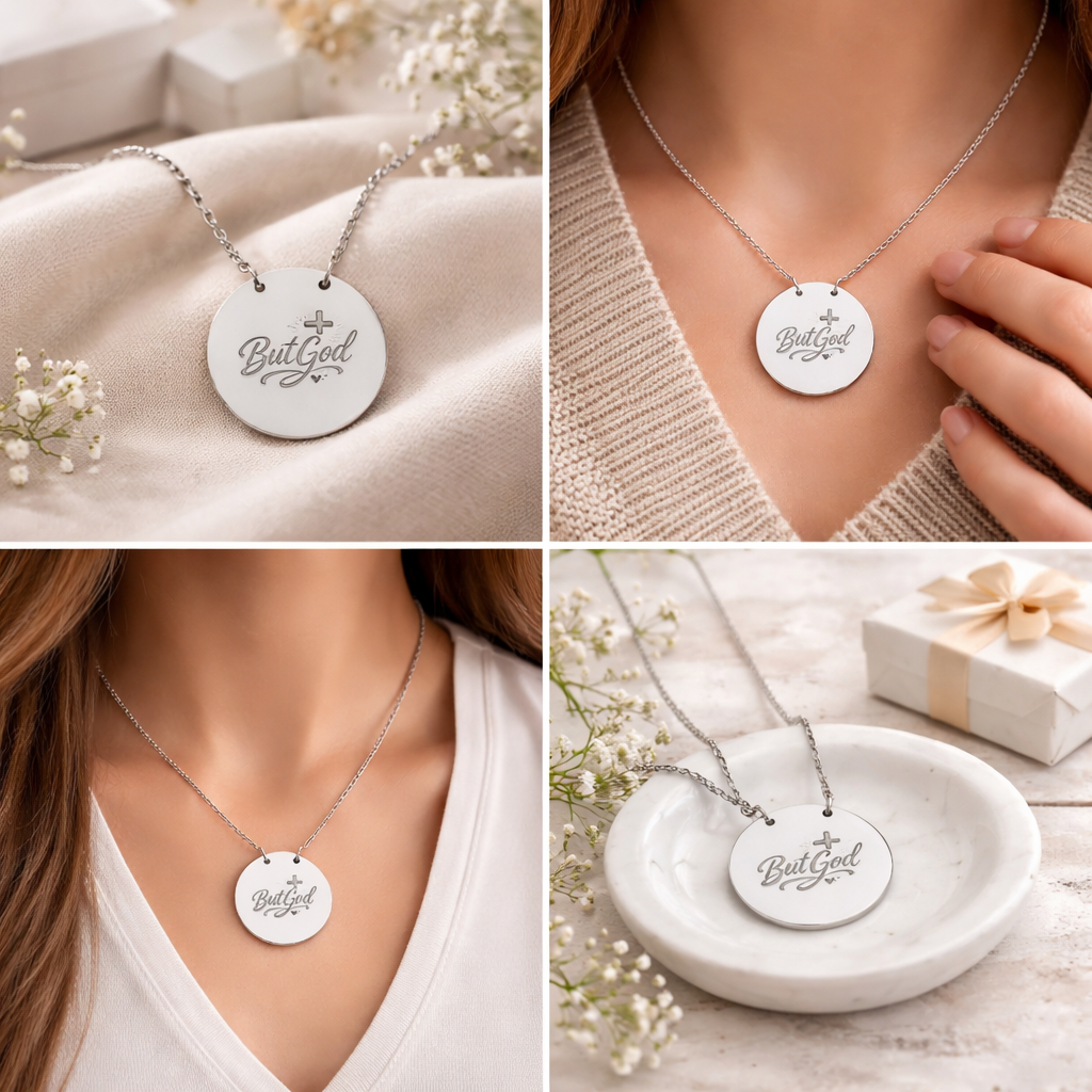 Engraved Circle Necklace — 'But God' Script Pendant Christian Inspirational Jewelry