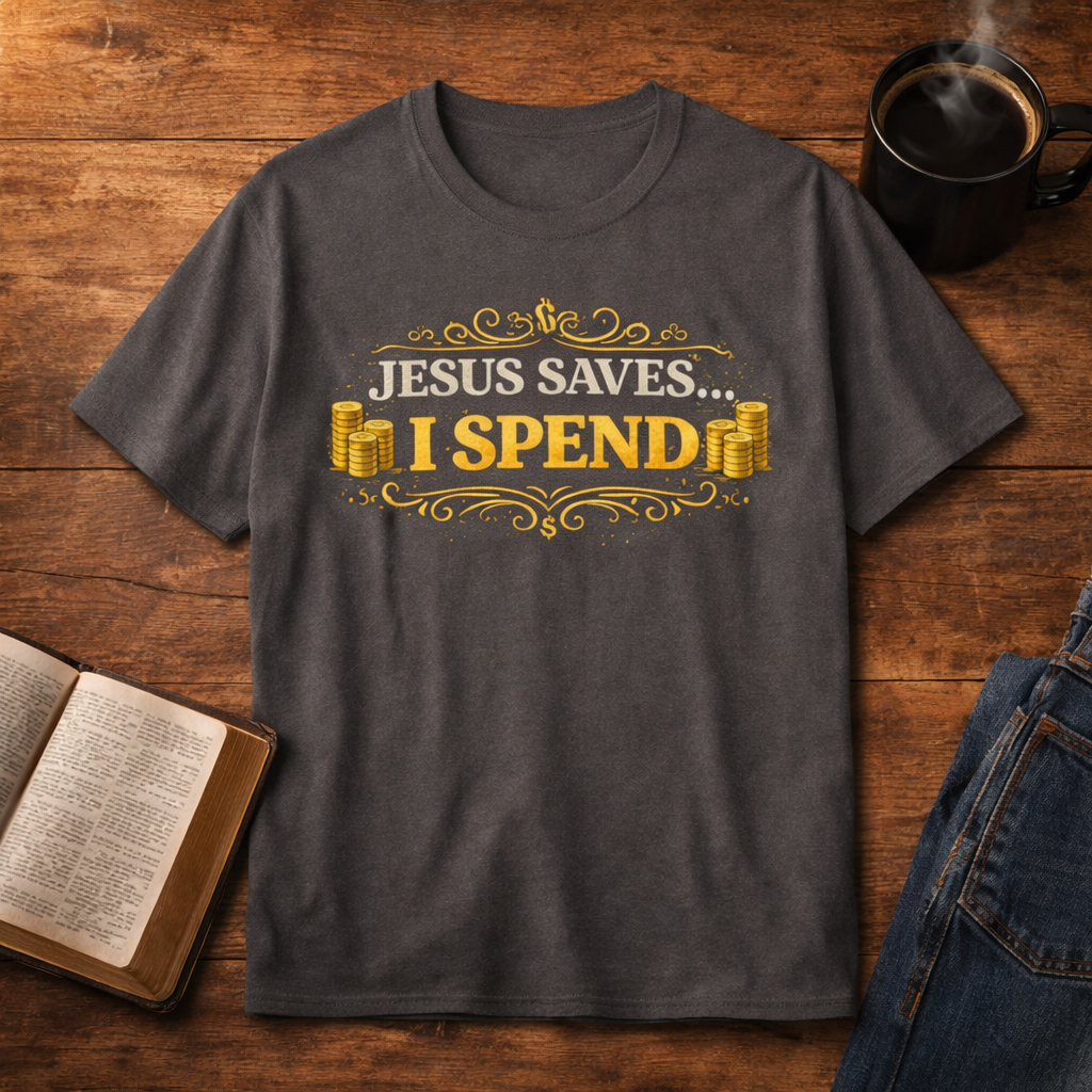 T-Shirt — 'Jesus Saves... I Spend' Christian Humor Tee (Funny Faith & Money Gift)